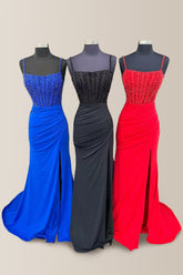 Mermaid Spaghetti Straps Glitter Top Satin Prom Dress with Slit