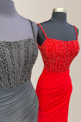 Mermaid Spaghetti Straps Glitter Top Satin Prom Dress with Slit