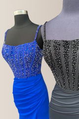 Mermaid Spaghetti Straps Glitter Top Satin Prom Dress with Slit