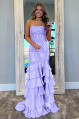 Mint Green Mermaid Strapless Lace Corset Prom Dress with Ruffle Skirt
