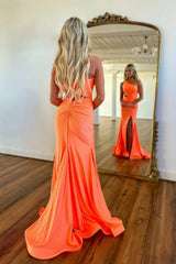 Orange Mermaid One Shoulder Cutout Waist Satin Prom Dress With Slit