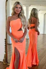 Orange Mermaid One Shoulder Cutout Waist Satin Prom Dress With Slit