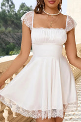 Square Neck Cap Sleeves Soft White Mini Graduation Dress