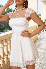 Square Neck Cap Sleeves Soft White Mini Graduation Dress