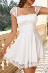 Square Neck Cap Sleeves Soft White Mini Graduation Dress
