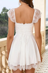 Square Neck Cap Sleeves Soft White Mini Graduation Dress