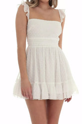 Cute A-Line Square Neck Tie Back Little White Graduation Dress