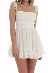 Cute A-Line Square Neck Tie Back Little White Graduation Dress