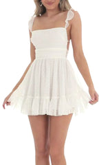 Cute A-Line Square Neck Tie Back Little White Graduation Dress