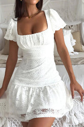 White A-Line Short Sleeves Square Neck Lace Up Graduation Dress