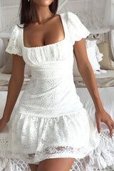 White A-Line Short Sleeves Square Neck Lace Up Graduation Dress