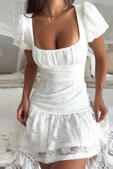 White A-Line Short Sleeves Square Neck Lace Up Graduation Dress