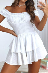 White Off The Shoulder Elastic Band Waist Mini Graduation Dress