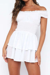 White Off The Shoulder Elastic Band Waist Mini Graduation Dress