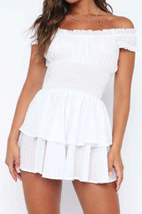 White Off The Shoulder Elastic Band Waist Mini Graduation Dress
