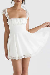 Cute A-Line Lace Cap Sleeves Little White Graduation Dress