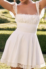 Cute A-Line Lace Cap Sleeves Little White Graduation Dress