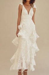 White Elegant Mermaid V-Neck Long Lace Graduation Dress with Ruffles