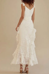White Elegant Mermaid V-Neck Long Lace Graduation Dress with Ruffles
