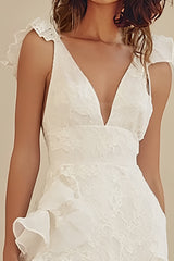 White Elegant Mermaid V-Neck Long Lace Graduation Dress with Ruffles