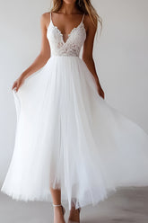 Princess A-Line Spaghetti Straps Lace Top Long Tulle White Graduation Dress