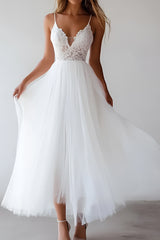 Princess A-Line Spaghetti Straps Lace Top Long Tulle White Graduation Dress