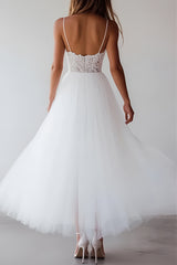 Princess A-Line Spaghetti Straps Lace Top Long Tulle White Graduation Dress