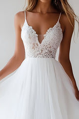 Princess A-Line Spaghetti Straps Lace Top Long Tulle White Graduation Dress