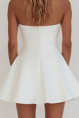 Simple A-Line Strapless Zipper Back Short Mini Satin Little White Graduation Dress