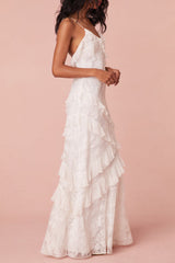 White Sheath Spaghetti Straps Backless Long Graduation Dress with Ruffles