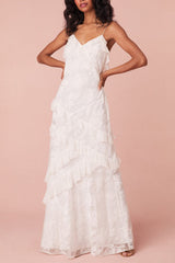 White Sheath Spaghetti Straps Backless Long Graduation Dress with Ruffles