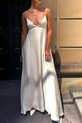 Chic White V-Neck A-Line Lace Up Back Long Party Dress