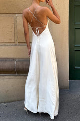 Chic White V-Neck A-Line Lace Up Back Long Party Dress