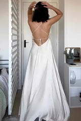 Chic White V-Neck A-Line Lace Up Back Long Party Dress