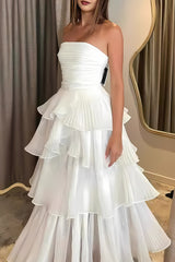 Charming White A-Line Strapless Long Layered Ruffle Party Dress