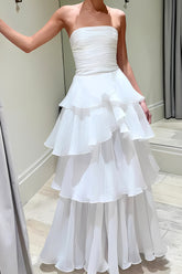 Charming White A-Line Strapless Long Layered Ruffle Party Dress