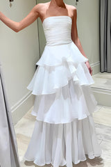 Charming White A-Line Strapless Long Layered Ruffle Party Dress