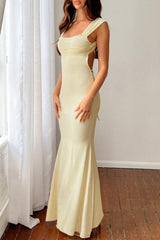Sexy Yellow Mermaid Square Neck Lace Up Long Party Dress