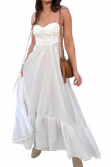 Chic White A-Line Tie Spaghetti Straps Tea Length Graduation Dress