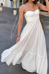 Chic White A-Line Tie Spaghetti Straps Tea Length Graduation Dress