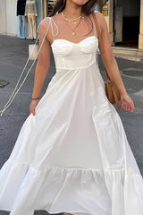 Chic White A-Line Tie Spaghetti Straps Tea Length Graduation Dress