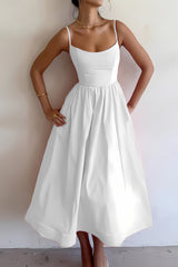 White Spaghetti Straps A-Line Midi Graduation Party Dress