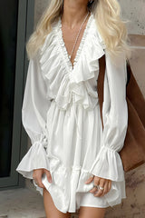 Elegant A-Line V-Neck Long Sleeves Short White Graduation Dress