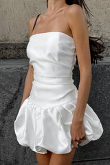Simple A-Line Strapless Mini Satin White Graduation Dress