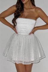 Cute A-Line Strapless Tulle Prom Sparkly Graduation Dress with Bow