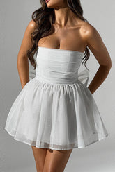 Cute A-Line Strapless Tulle Prom Sparkly Graduation Dress with Bow