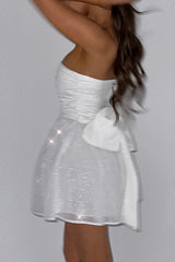 Cute A-Line Strapless Tulle Prom Sparkly Graduation Dress with Bow
