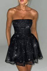 Cute A-Line Strapless Tulle Prom Sparkly Graduation Dress with Bow