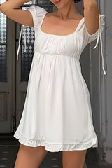 White A-line Square Neck Short Sleeves Mini Vintage Graduation Dress