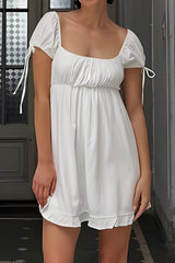 White A-line Square Neck Short Sleeves Mini Vintage Graduation Dress